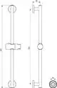 Zwei parallele, verchromte Schieberstangen von Ideal Standard mit einem Druckknopf und Wandhaltern, dargestellt in einer technischen Zeichnung.